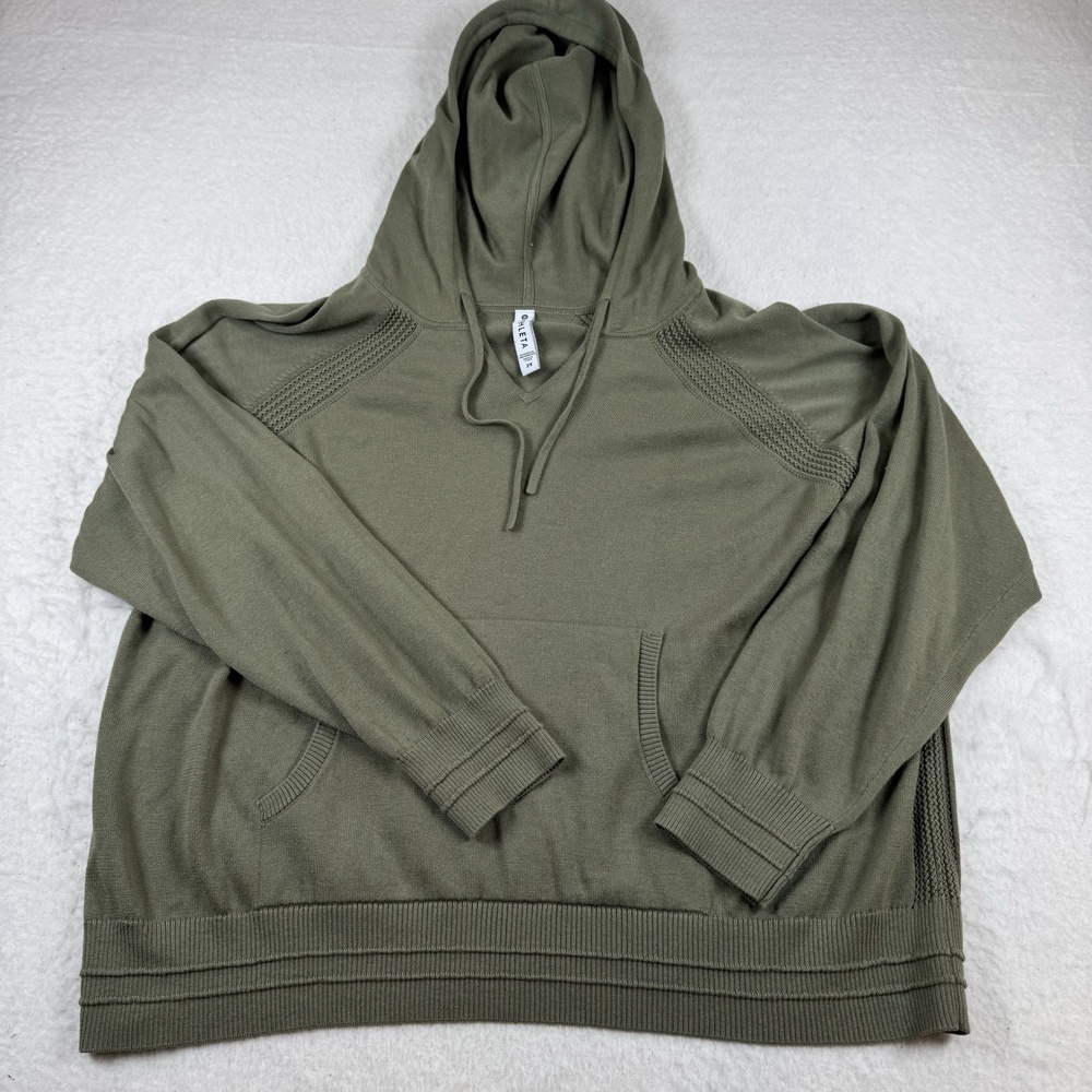 Athleta Hoodie Womens Size 2X Green Knit V-Neck Pullover Kangaroo Pocket Casual